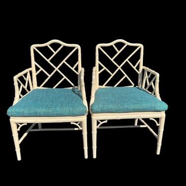 Beautiful PAIR vintage faux bamboo arm chairs with cane seats and all new cushions 