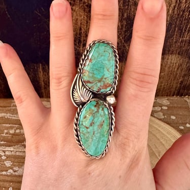 LARGE DOUBLE DECKER Turquoise and Sterling Silver Statement Ring | J hallmark | Navajo, Native American Jewelry Southwestern | Size 7 3/4 