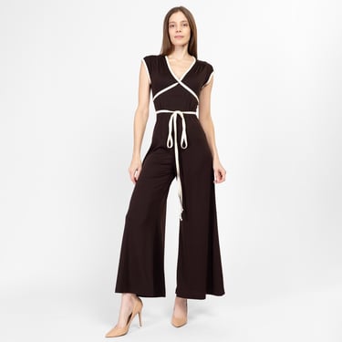 XS-Sm 70s Dark Brown Bell Bottom Jumpsuit | Retro Vintage Empire Waist Palazzo Disco Pantsuit 
