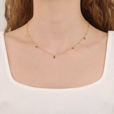 N010 gold vermeil emerald necklace, emerald satellite chain necklace, emerald station necklace, dainty diamond necklace, layering necklace 