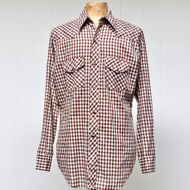 Vintage 1970s Brown/White Gingham Sears Western Wear Shirt, 70s Cotton-Poly Pearl Snap Rockabilly Shirt, Large Tall 46