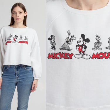 Med-XL 90s Mickey Mouse Cropped Sweatshirt One Size | Vintage Jerry Leigh Cartoon White Raglan Sleeve Disney Pullover 