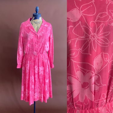 1950s 1960s Pink Illustrative Daisy Floral Shirtwaist Dress. M. By Copperhive Vintage. 