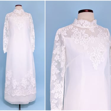 Vintage 1960s Lace and Organza Sheath Wedding Dress, Vintage 60s Long Sleeve Mod Shift Wedding Gown 