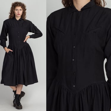 Vintage French Connection Black Basque Waist Dress - Small | 90s Fit & Flare Long Sleeve Button Up Midi 