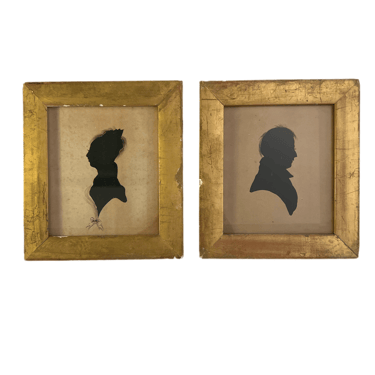 5-3/4” Framed Miniature Silhouette Sketches of Man and Woman in Gold Frames