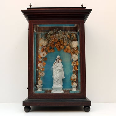 19th century display cabinet shrine virgin mary in porcelain flowers in porcelain vase 1800 -1900 