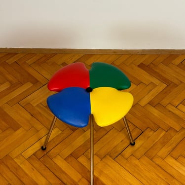 Vintage Pop Art Colorful Footstool / Italian Clover Leaf Effezeta Small Round Chair / Mid Century Modern / 1980s 