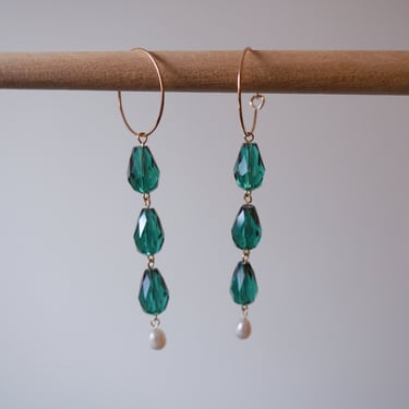 Serpentine Drop Earrings // Freshwater Pearl & Crystal Earrings 14k gold filled hoops 
