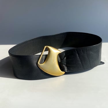 Black Leather Gold Buckle Belt, sz. L