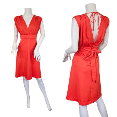 Volup 1970's Orange Red Poly Scoop Back Midi Dress I Sz Lrg I Tie Back Waist I Sleeveless I Plus Size 