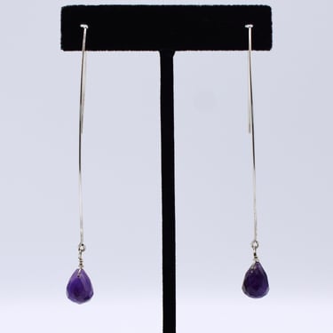 80's minimalist sterling amethyst threader earrings, 925 silver wire purple teardrop dangles 