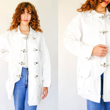 Vintage 90s Ralph Lauren White Denim Relaxed Fit Chore Jacket w/ Silver Zipper & Clasp Close | 100% Cotton | 1990s Lauren RL Designer Coat 