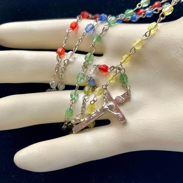 Vintage Rosary, Rainbow Colors, Crystal Beads, Our Lady, Religious Medals Charms, Catholic, Crucifix, Prayer 