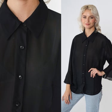 Sheer Black Blouse 90s Button up Top Long Flounce Angel Bell Sleeve Shirt Boho Hippie Gothic Party Witchy Plain Vintage 1990s Large 12 