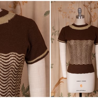1940s Sweater - Vintage 40s Rich Brown and Metallic Gold Homemade Crocheted Short Sleeved Top 
