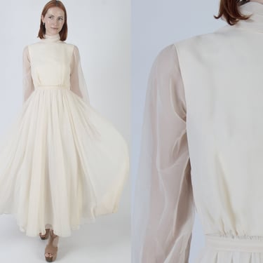 Elegant Nude Monochrome Chiffon Dress / Vintage 70s Long Belted Thin Full Skirt / Sheer Sleeves With Matching Waist Tie Sash 