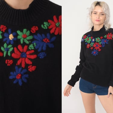 Embroidered Floral Sweater 90s Black Knit Sweater Boho Sweater 1990s Pullover Vintage Esprit Cotton Small Medium 