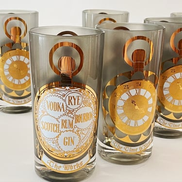 Culver Glassware, highball glasses w/ gold watch design on frosted smokey grey glass, The Time is Now / The Hour cocktail glasses 