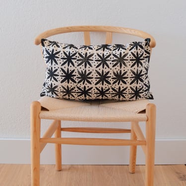 block printed lumbar throw pillow cover. black floral dots. 12