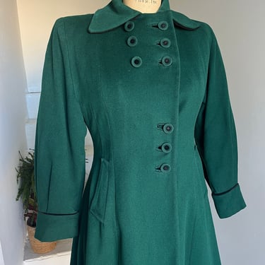 1940s Emerald Green and Black Velvet Trim Princess Coat Double Breasted 34 Bust Vintage 