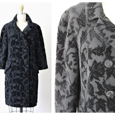 Vintage 1960s Sandra Sage Black Tapestry Carpet Chenille Coat, Double Breasted  // US 0 2 4 xs s 
