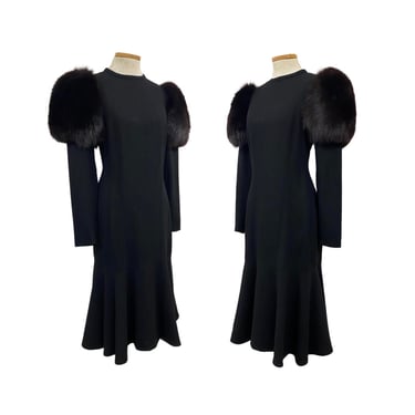 Vtg 70s Lilli Ann Designger Premium Primo Rare Black Fox Fur Cocktail Dress 