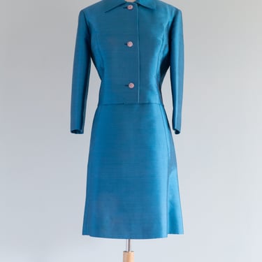 Gorgeous 1960's Cerulean Blue Silk Dress &amp; Jacket Set / ML