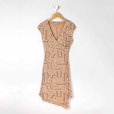 Vintage Y2k Taupe Letters Printed Midi Dress - 2000s, beige, cocktail, wrap - Women's M 