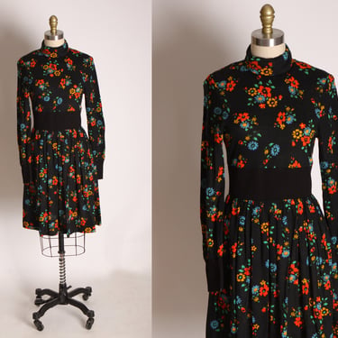 1970s Black, Red,  Blue and Orange Long Sleeve Floral Flower Power Dress by Young Dimensions for Saks Fifth Avenue -XXS 