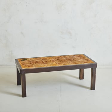 Ochre Ceramic Tile Coffee Table with Wood Frame by Jean D'Asti, France 1960s