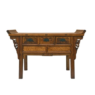 Chinese Brown Wood Deep 3 Drawers Point Edge Side Altar Table cs7241E 