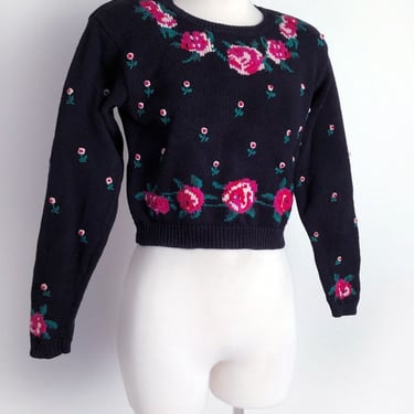 80's Adrienne Vittadini Vintage Black Sweater, Short Cropped Long Sleeves, Floral Embroidered 1980's Designer Shirt blouse Knit Top Pullover 