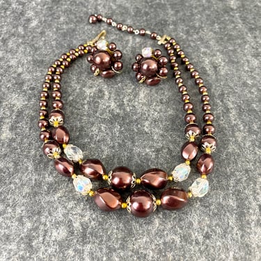 Brown beaded necklace with matching clip earrings - 1960s vintage 