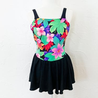 80s Colorful Tropical Floral Black Skirted Swimsuit with Low Back | Medium 