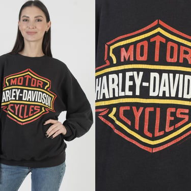 Harley Davidson Sweatshirt, 80s Black Motorcycle Crewneck, 50 50 Holubek Sheild Shirt, Large 