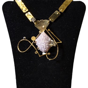 Richard Bitterman Modernism Metal & Pink Amethyst Crystal Necklace Fine Jewelry 
