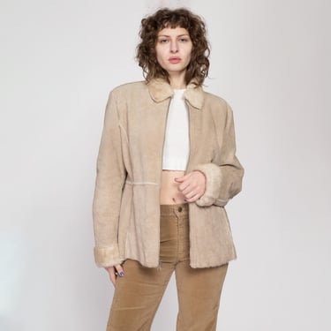 XL Y2K Guess Tan Suede Shearling Coat | Vintage Zip Up Patchwork Leather Faux Fur Lined Jacket 