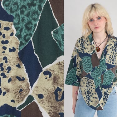 Animal Print Blouse 80s 90s Leopard Button Up Shirt 3/4 Sleeve V Neck Top Abstract Pattern Brown Green Blue Cheetah 1990s Vintage Small S 