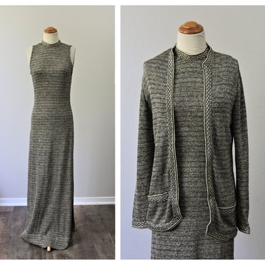 vintage 60s 1970s howard lawrence for maisonette gold black metallic knit maxi dress and jacket // Modern US Medium Large 6 8 10 12 