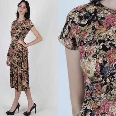 Black Floral Rose Print Dress / Romantic Garden Flower Dress / Vintage 80s 1940s Inspired Dress / Peplum Skirt Midi Mini Dress 