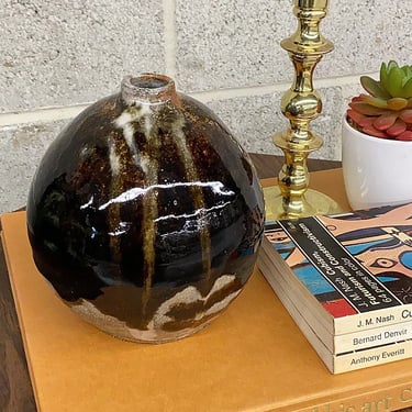 Vintage Bud Vase Retro 1970s Bohemian + Ceramic + Brown + Gray + Beige Drip Glaze + High Gloss + Flower and Plant Display + Boho Home Decor 