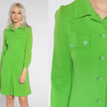 Lime Green Wool Dress 60s Mod Mini Dress Retro Collared Button Up Twiggy Shift A Line Sixties Groovy Secretary Vintage 1960s Extra Small XS 