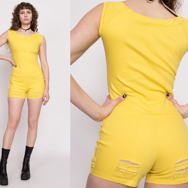 90s Y2K Yellow Ripped Denim Romper XS to Petite Small | Vintage Xers Brand Stretchy Zip Front Outfit 