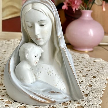 Vintage Planter Vase, Porcelain Ceramic, Virgin Mary, Blessed Mother, Gold Trim, Mid Century Religious, Catholic, Table Top Decor 