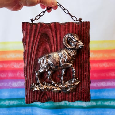 Vintage Aries 8" wood wall hanging astrology birthday gift, ram sheep zodiac sign groovy 70s 60s wall art hippie home decor 