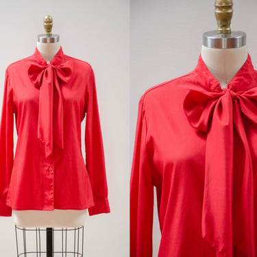 red tie neck blouse | 70s 80s vintage bright red ascot collar academia cottagecore style long sleeve blouse 