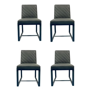 Modern Gray Channeled Leather Dining Side Chairs Set of 4