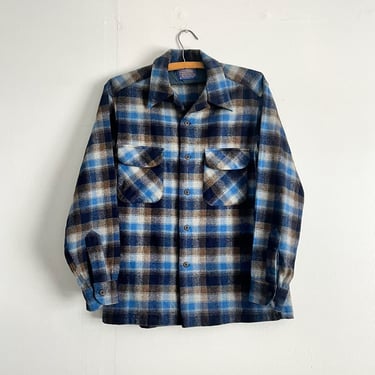 Vintage 80s Pendleton Blue Grey Plaid Wool Flannel Loop Collar Flannel Shirt Size M 