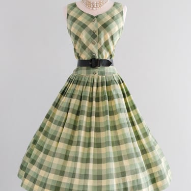 Incredible 1950's Green With Envy Checkered Two Piece Dress Set by Janice Kay / Sz M